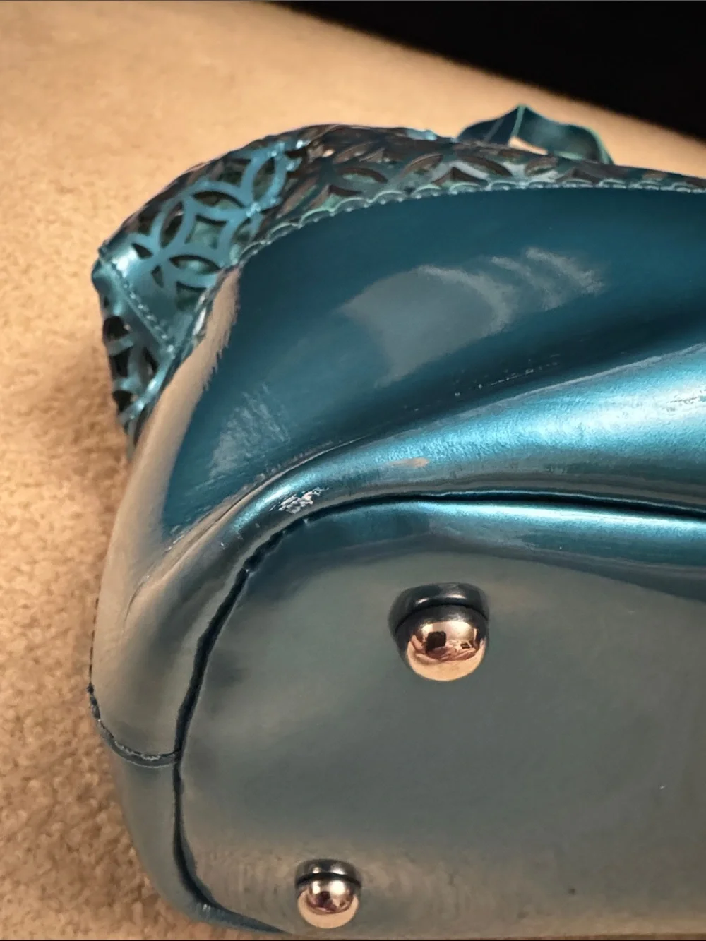 Metallic Teal Laser-Cut Tote Bag with Double Straps